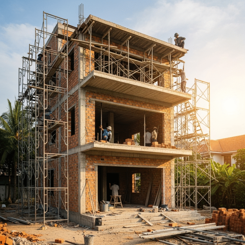 trình tự xây nhà, Giai đoạn thi công phần thô – Dựng khung và tường