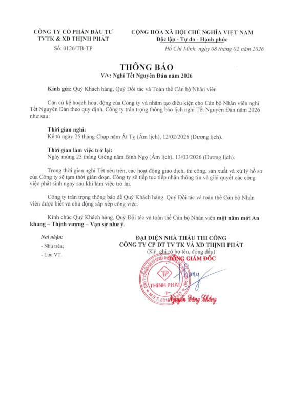 Thông báo nghỉ tết guyên đán 2026